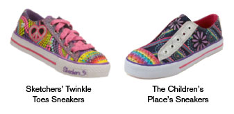Image of Sketcher's Twinkle Toe sneaker and Children's Place sneaker for comparison